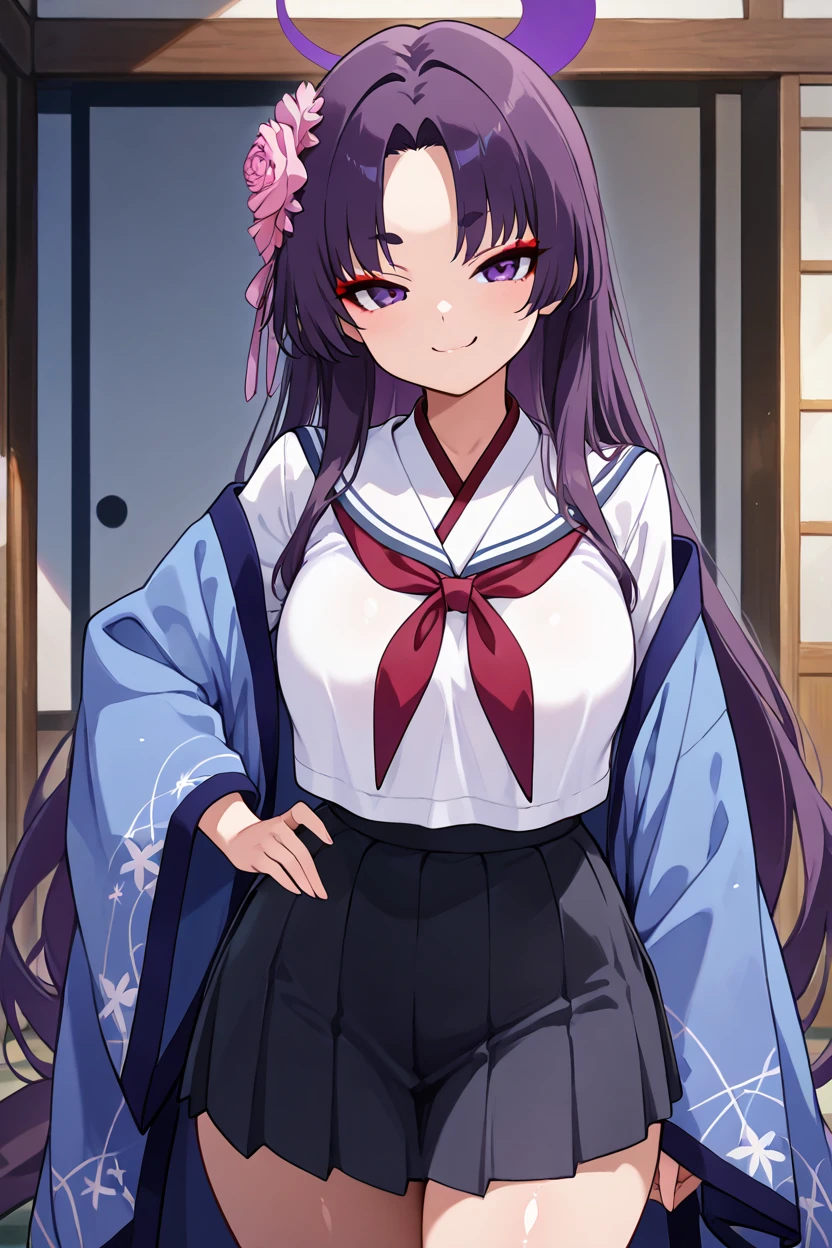 masterpiece, best quality, solo, curvy, beautiful eyes,zzYukari, long hair, purple hair, halo, purple halo, hair ornament, hair flower, purple eyes, eyeshadow, red eyeshadow, haori, pink flower, red neckerchief, serafuku, makeup, pleated skirt, white sailor collar, long sleeves, wide sleeves, blue skirt, black skirt ,<lora:YukariBluearchiveIXL:1.0>,cowboy shot, hand on hip, smug, smile, looking at viewer, shiny skin,