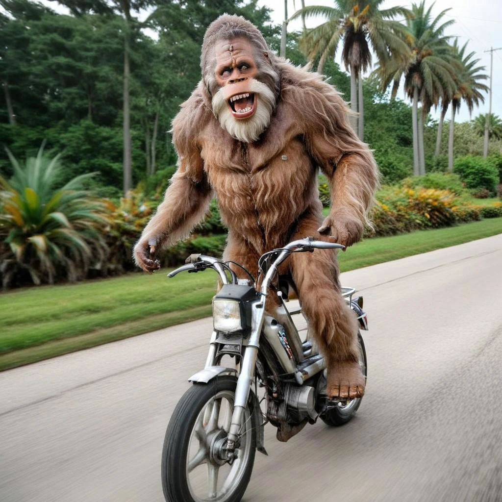 Masterpiece, Dynamic perspective, 1man, sasquatch, bigfoot , portrait, mouth wide open, upper teeth, wide eyes, happy, wild long fur,  riding a motorcycle, motor vehicle, ground vehicle, palm beach, highres