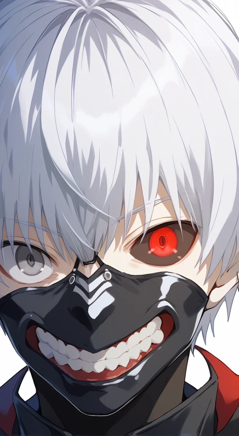 1boy,solo,male focus,kaneki,kaneki ken,white hair,short hair,grey eyes,red eyes,black sclera,heterochromia,mouth mask,teeth,close mouth,cowboy shot