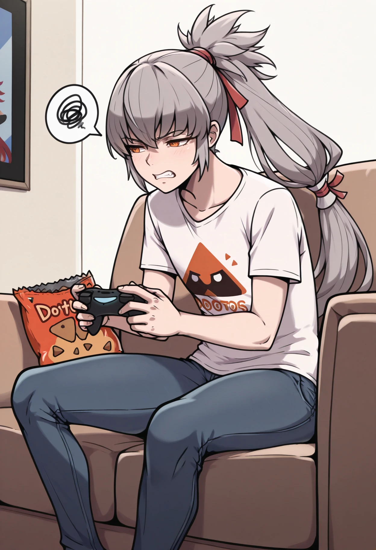 masterpiece, best quality, 1boy, sitting, hunched over, playing games, holding game controller, clenched teeth, frown, spoken squiggle, doritos, print shirt, t-shirt, jeans, <lora:TakumiFE-illu:1> dfTaku, grey hair, ponytail, long hair, red hair ribbon, orange eyes, couch, living room