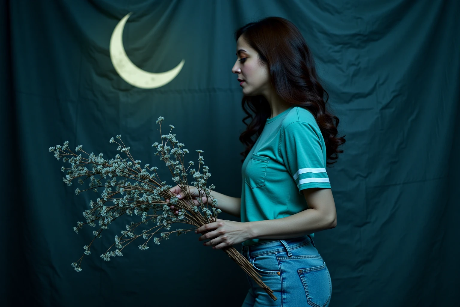 raimasenukohwx stands in profile view.  She's holding a twiggy, dry, branch-like object with tiny, muted-white flowers.  A muted, desaturated, teal-blue,  t-shirt, with faded-white stripes on the sleeves and a pocket, completes her casual outfit.  She sports faded, light-wash, slightly ripped jeans.   Her expression is thoughtful, almost melancholic, her gaze is directed slightly downward, and her posture is slightly hunched.  The setting appears to be a dark indoor space.  A large crescent moon, painted in a similar muted teal-blue tone, casts pale light on the scene.  The backdrop is a textured, dark-gray wall, its rough surface creating a strong contrast to the soft moon glow.  The scene is bathed in cool, muted blues and grays; a somber, wistful mood is pervasive.  The low-key lighting, and the deep blues, create a sense of mystery and contemplation.  The composition emphasizes the girl and her interaction with the object in a suggestive manner.  A delicate, muted aesthetic is evident across the entire composition.  The image quality is evocative of a moody, almost ethereal, photographic style.
