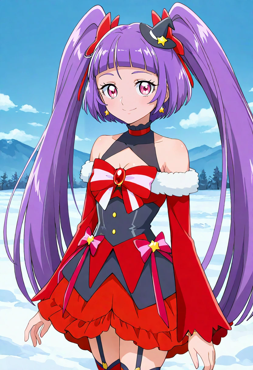 masterpiece, best quality, absurdres, very aesthetic, general,
cure magical, cure magical \(ruby style\), crmgclruby, 1girl, solo, purple hair, twintails, witch hat, mini hat, looking at viewer, purple eyes, black headwear, red bow, garter straps, star earrings, red sleeves, closed mouth, hair bow, shiny hair, cowboy shot, long sleeves, choker, standing, striped bow, bare shoulders, pink bow, layered dress, detached sleeves, layered skirt, red skirt, fur trim, pink eyes, snow, blunt bangs, red ribbon, very long hair, frills, red dress, halterneck, collarbone, bowtie, mini witch hat, red neckwear, floating hair, hat bow, multicolored clothes, black dress, hair ribbon, frilled skirt, miniskirt, brooch, eyelashes, fur-trimmed sleeves, mountain, frilled dress, purple bow, outdoors, shoulder cutout, eyebrows visible through hair, striped neckwear, cleavage cutout, small breasts, blue background, red eyes, sleeveless dress, covered collarbone, arms at sides, anime coloring, multicolored skirt, short dress, cloud, striped clothes, sky, smile, day, tilted headwear, red thighhighs, star hat ornament, star ornament
<lora:cure_magical_izayoi_liko_illustXL_locon_v1:0.7>