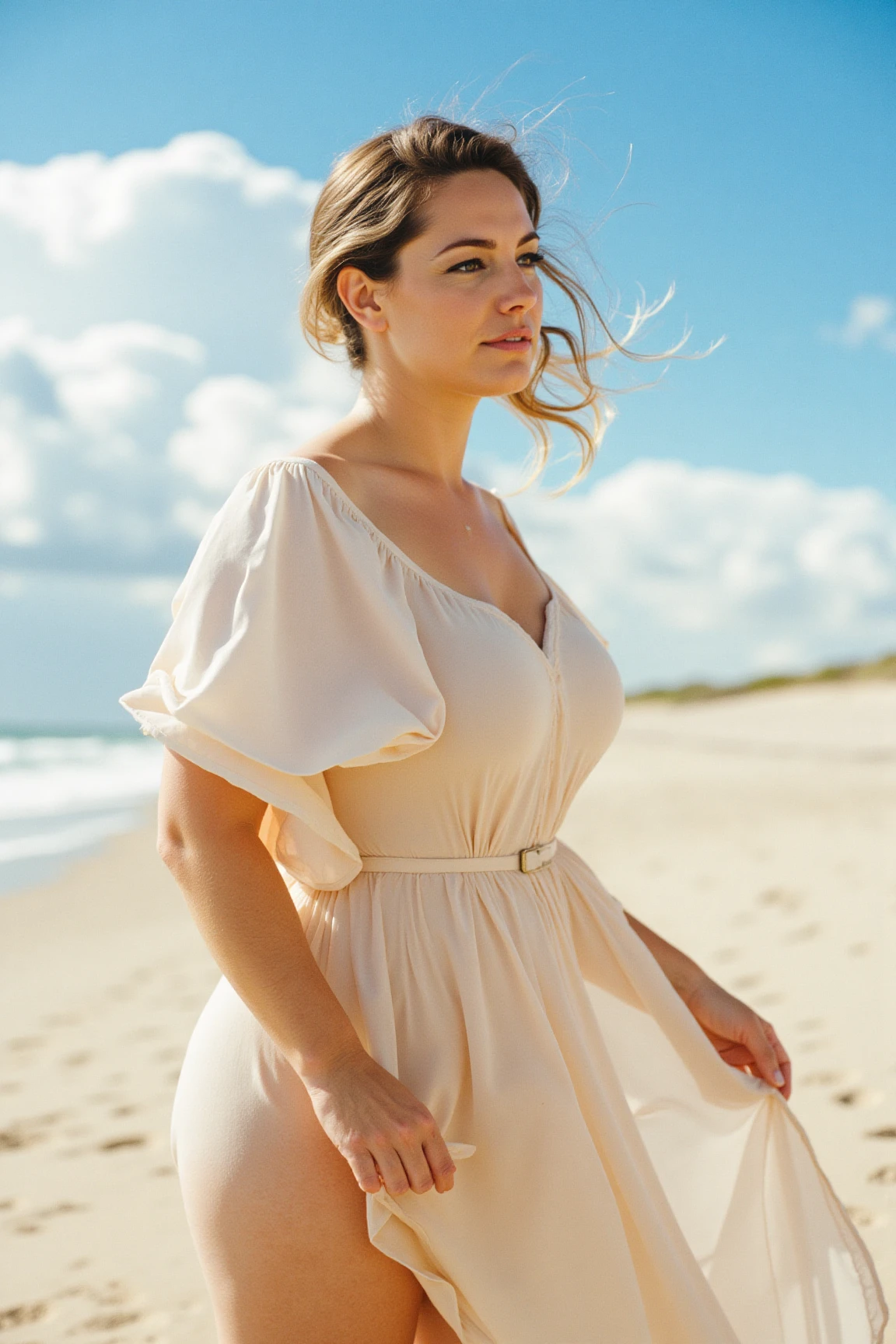 A stunning woman poses elegantly on a beach, her flowing dress billowing gently in the breeze. Framed by the warm tones of Kodak film, her serene features are bathed in soft, golden light. The camera captures a close-up shot of her refined profile, as she gazes out at the breathtaking sky behind her, a canvas of puffy clouds and brilliant blue.