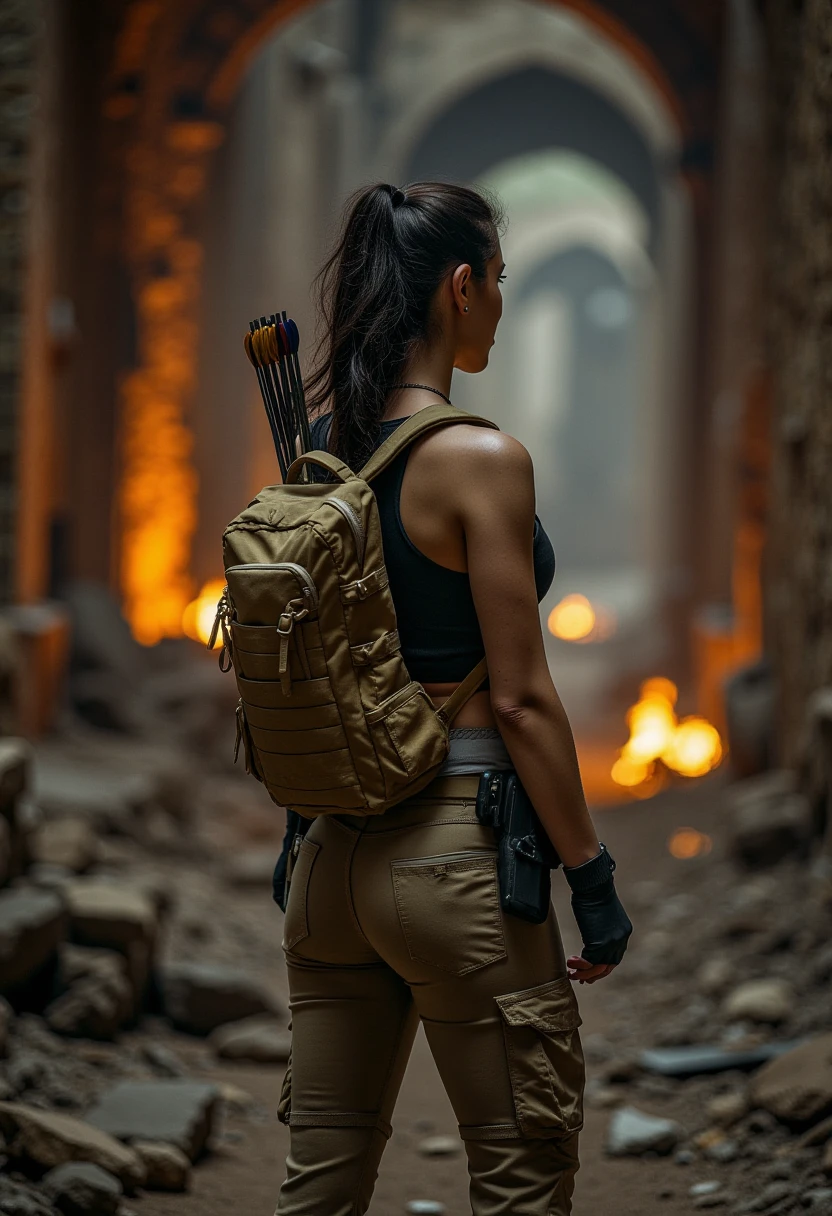 This is a highly detailed photograph of a female character standing in a dimly lit, war-torn tunnel. The tunnel is filled with debris and rubble, with flames flickering from various points, casting an eerie orange glow. The character is seen from behind, her back to the camera, and she is dressed in tactical gear including a black tank top, beige cargo pants, and fingerless gloves. Her outfit is practical and rugged, suggesting a combat-ready state. She has a medium build with an athletic physique and is carrying a large, tan backpack with multiple straps and compartments. Her dark hair is tied back in a ponytail, and her skin is tanned with visible tattoos on her arms and back. She is armed with a bow and quiver of arrows slung over her back. The background features ancient, crumbling stone columns, adding to the sense of a historical or fantasy setting. The overall atmosphere is intense and dramatic, with a focus on the character's preparedness and determination amidst the chaos. J4SM1N