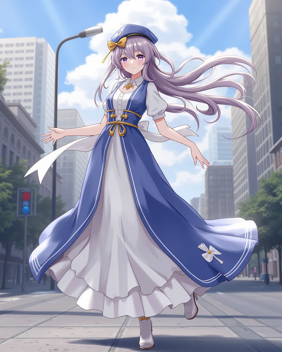 an anime girl,best quality,8K wallpaper,full body,city,long dress