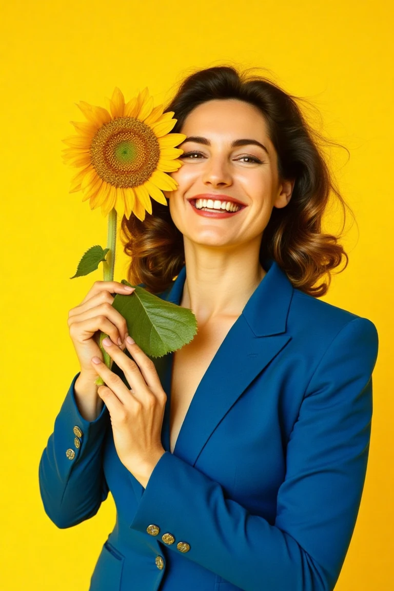 A minimalistic and artistic close up analog film photo of a brunette woman holding a vibrant yellow sunflower. She wears a bold, tailored blue suit with sharp lines, contrasting beautifully with the soft vibrant yellow background. Her hair gently falls over one side of her face, adding an effortless and contemporary feel. The composition exudes a serene yet confident mood, with the delicate flower symbolizing a harmonious blend of nature and high fashion. The image emphasizes muted tones, natural beauty, and modern elegance. She is giving a big candid smile showing her teeth. The photo has kodak film colours.