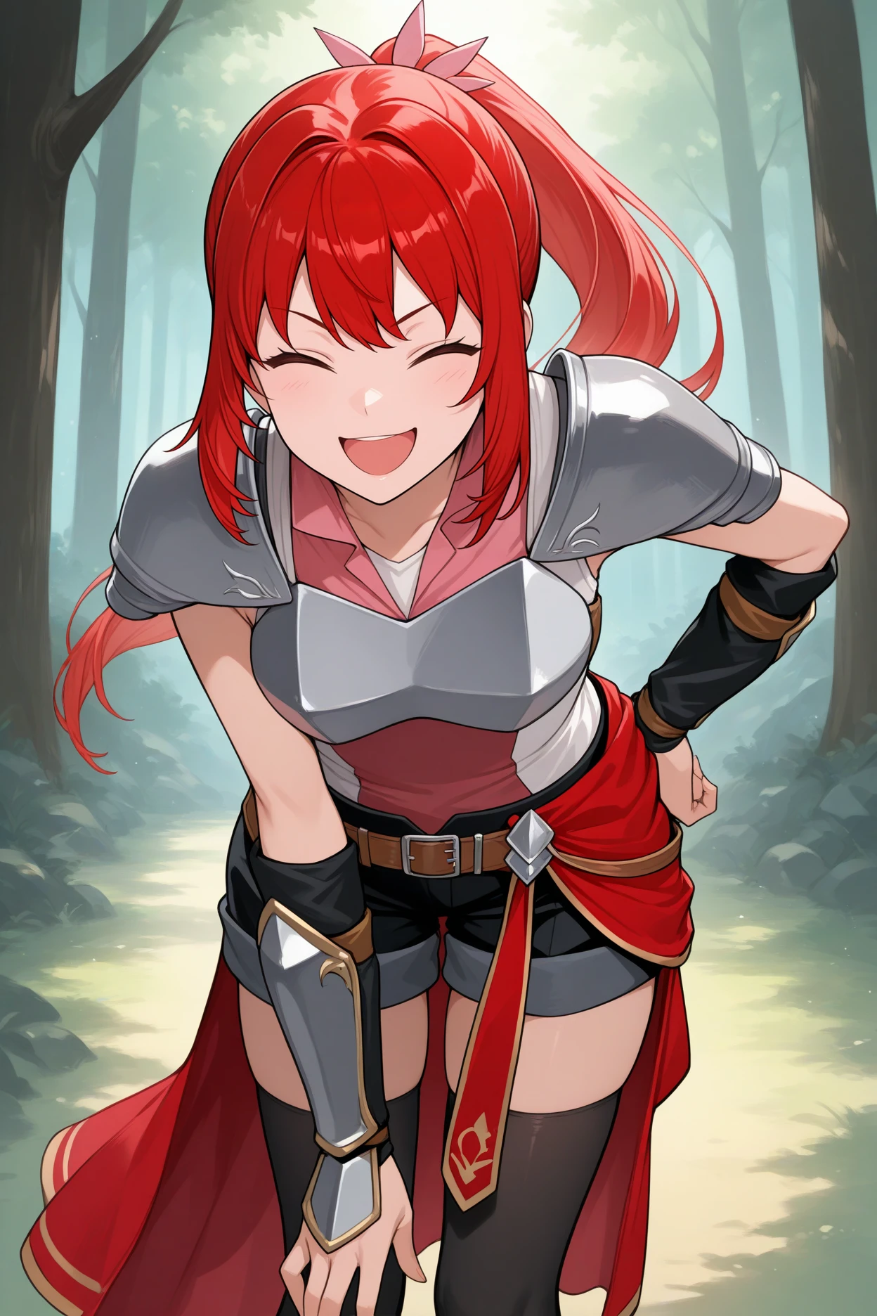 masterpiece, best quality, 1girl, solo, <lora:aliselovell-illu-nvwls-v1-000006:1> alslvl, sidelocks, ponytail, sidelocks, red hair, , armor, shoulder armor, pink shirt, sleeveless shirt, bracers, belt, black shorts, short shorts, brown belt, red waist cape, black thighhighs, closed eyes, smug, open mouth, happy, hand up, leaning forward, laughing, forest