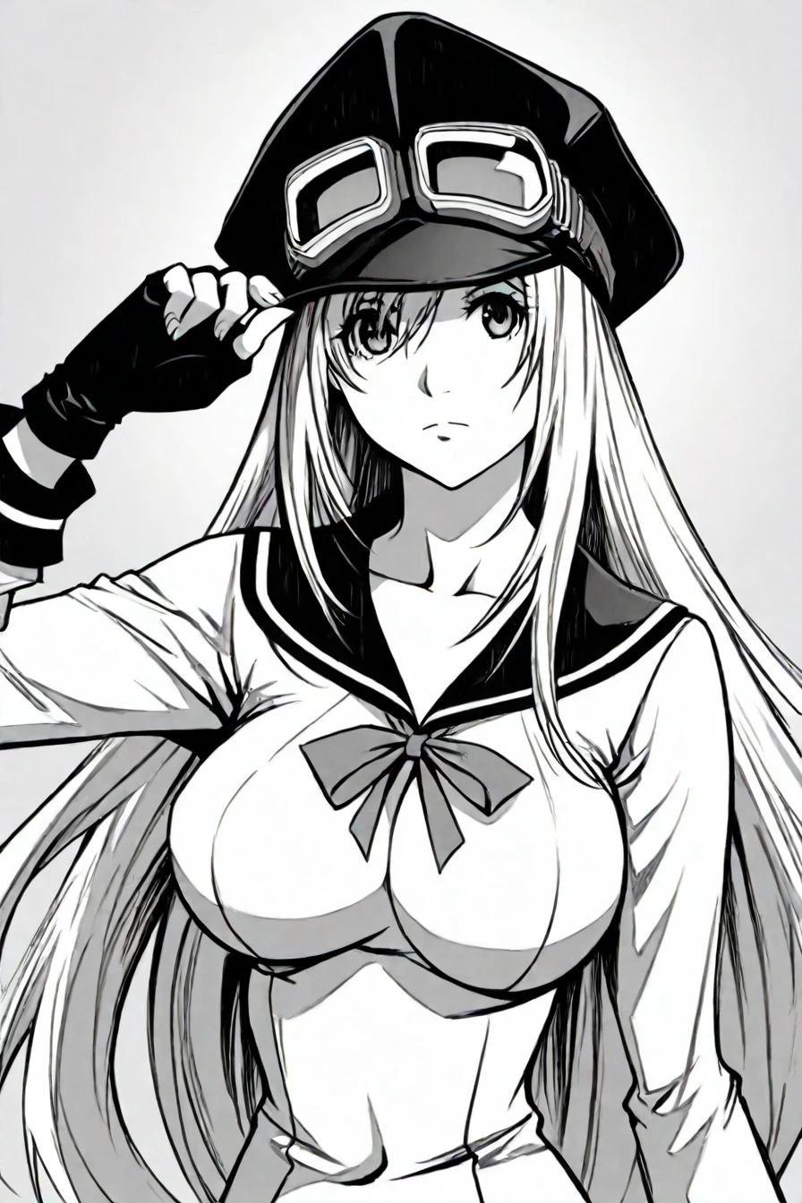 <lora:simca_airgear_illustriousXL-000007:0.8>, simca, long hair, black hat, white school uniform, goggles, sailor dress, goggles on headwear, gloves, fingerless gloves, large breasts, 1girl, solo, alone, masterpiece, highres, <lora:oh_great_style_illustriousXL:1>, oh_great_style, monochrome, greyscale, masterpiece, highres