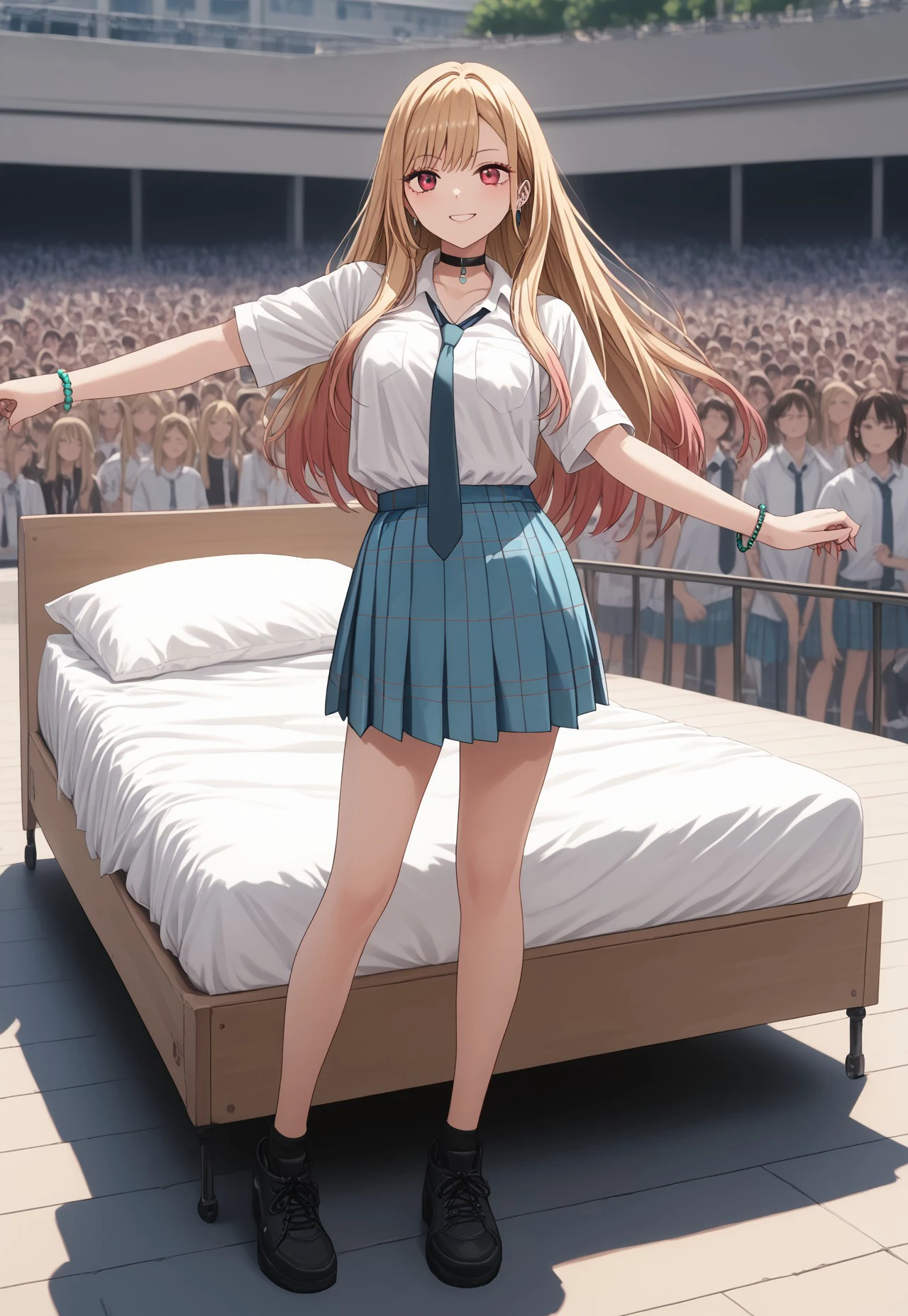 (((score_9, score_8_up, score_7_up, best view)))
, 
((( highly detailed, masterpiece, perfect, detailed, hd, )))
,
((( marin kitagawa, long hair, bangs, blonde hair, red eyes, multicolored hair,skirt, shirt, jewelry, uniform, white shirt, pleated skirt, earrings, necktie, choker, bracelet, blue skirt, plaid, black choker, plaid skirt,)))
,
((( 1girl, solo, posing, while standing on the bed )))
,
((( Bedstamb, bed, crowd, Outdoors)))
,
((( ))) 
,
((( )))
,
((( )))
,
((( )))
,
()