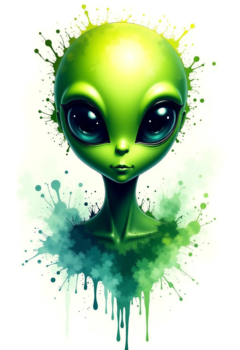 "Intense Coloful Ink splash art of a green happy alien. inksplash style background. Space ship. On white paper with ink splash border. High quality