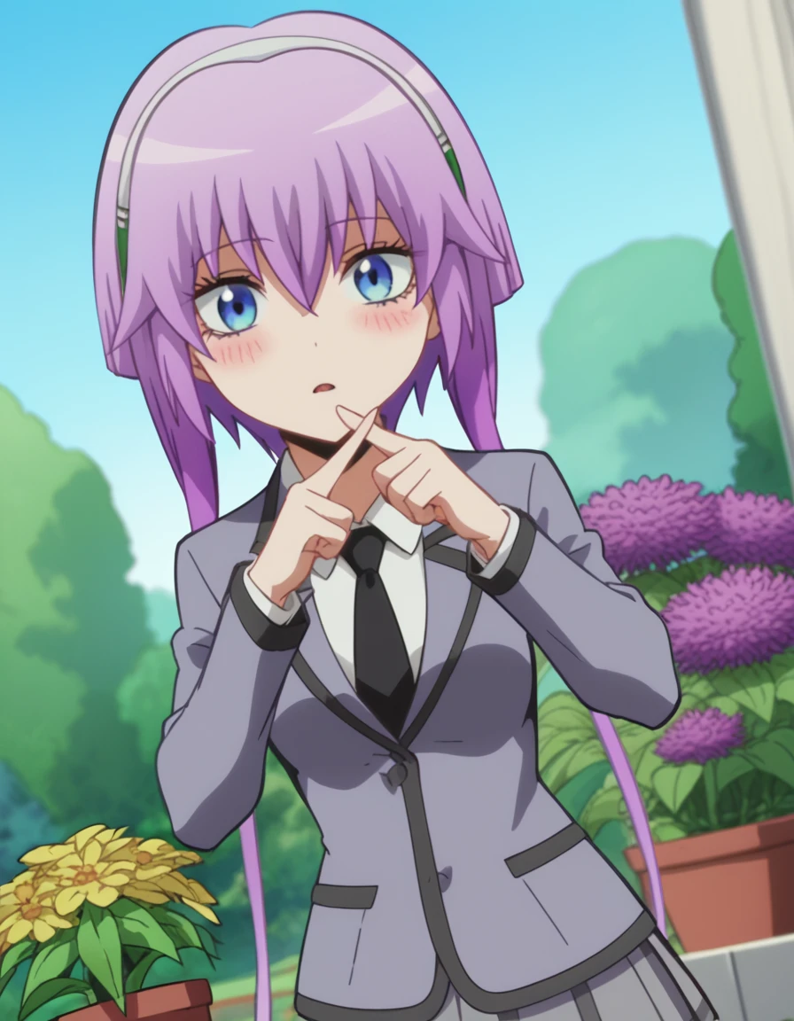 score_9, score_8_up, score_7_up, source_anime, <lora:ritsu-hayasaka-s1s2-ponyxl-lora-nochekaiser:1>, ritsu hayasaka, blue eyes, purple hair, twintails, hairband, medium breasts, anime screencap,, blazer, grey blazer, school uniform, pleated skirt, necktie, grey skirt, black necktie, white shirt, collared shirt, long sleeves,, gardening, watering plants, backyard, flowers blooming, sunny day, , <lora:x-fingers-ponyxl-lora-nochekaiser:1>, x fingers, blush, parted lips,, looking at viewer, solo,, dutch angle, cowboy shot