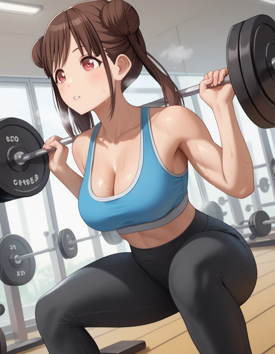 score_9, score_8_up, score_7_up, source_anime, <lora:chiyoko-sonoda-s2-ponyxl-lora-nochekaiser:1>, chiyoko sonoda, brown hair, red eyes, hair bun, long hair, double bun, sidelocks, large breasts,, <lora:squat-exercise-ponyxl-lora-nochekaiser:1> squat exercise, squat (exercise), barbell, weightlifting, exercising, weights, gym, squatting, yoga pants, sports bra, cleavage sweat, steam, parted lips,, , cowboy shot, , dutch angle, cowboy shot