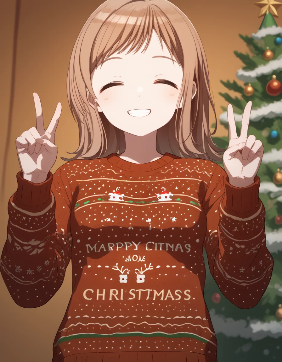 score_9, score_8_up, score_7_up, source_anime, <lora:mano-sakuragi-s2-ponyxl-lora-nochekaiser:1>, mano sakuragi, brown hair, brown eyes, medium breasts,, <lora:christmas-sweater-ponyxl-lora-nochekaiser:1>, christmas sweater, christmas, ugly sweater, print sweater, red sweater, christmas tree, christmas ornaments, sweater, multicolored sweater, , v, smile, hands up, teeth, closed eyes, cowboy shot,, , dutch angle, cowboy shot