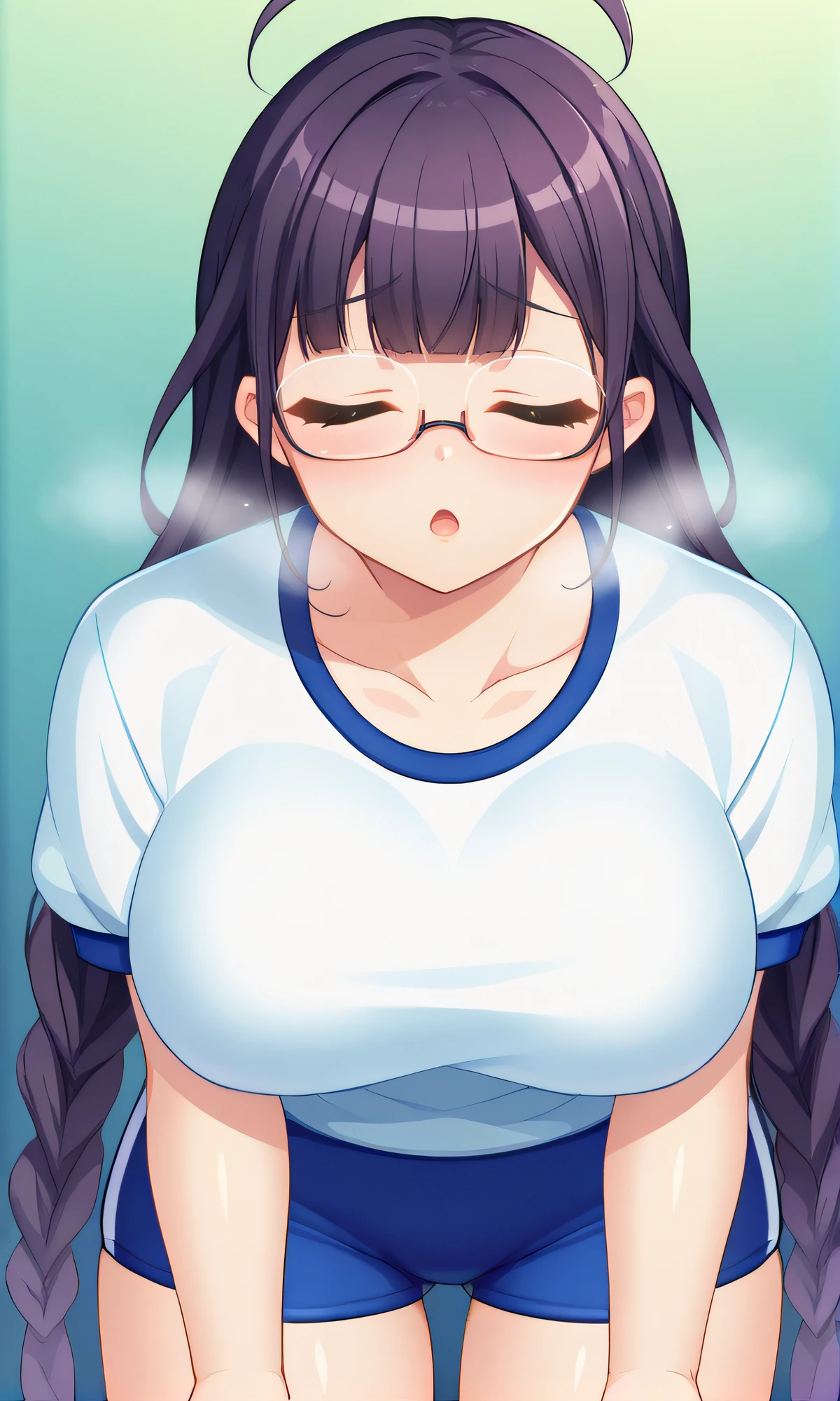 score_9, score_8_up, score_7_up, source_anime, rating_safe, intricate details, anime screencap, official style, anime coloring, 1girl, solo, <lora:Makihara_Yukino:1>, prezyukino, closed eyes, glasses, long hair, twin braids, huge breasts, collarbone, gym uniform, white shirt, short sleeves, blue buruma, standing, hands on knees, bent over, blush, breath, open mouth, cowboy shot