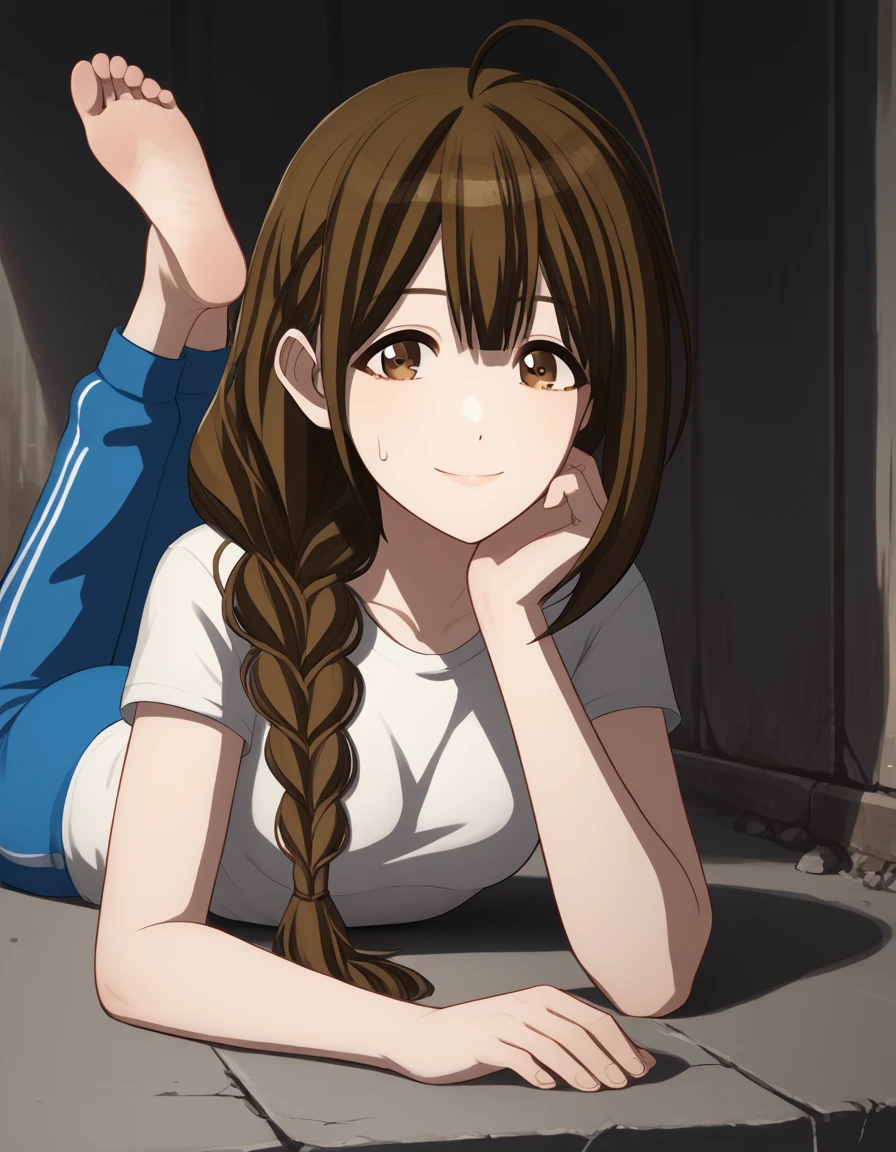 score_9, score_8_up, score_7_up, source_anime, <lora:chiyuki-kuwayama-s2-ponyxl-lora-nochekaiser:1>, chiyuki kuwayama, long hair, bangs, brown hair, brown eyes, braid, ahoge, single braid, hair over shoulder, braided ponytail, medium breasts,, shirt, white shirt, short sleeves, pants, t-shirt, blue pants, track pants, sweatpants,, wasteland, barren, dry, post apocalyptic, desolate, smile, <lora:the-pose-ponyxl-lora-nochekaiser:1>, the pose, on stomach, feet up, lying, soles, feet, legs up, head rest, barefoot, looking at viewer, solo,, dutch angle, cowboy shot