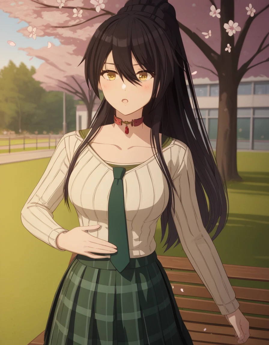 score_9, score_8_up, score_7_up, source_anime, <lora:sakuya-shirase-s2-ponyxl-lora-nochekaiser:1>, sakuya shirase, black hair, hair between eyes, long hair, ponytail, yellow eyes, large breasts,, collarbone, green necktie, green skirt, necktie, open collar, plaid, plaid skirt, pleated skirt, school uniform, shirt, skirt, white shirt,, park, cherry blossoms, bench, gentle breeze, peaceful, running, open mouth, , hand on stomach, blush,, looking at viewer, solo,, dutch angle, cowboy shot