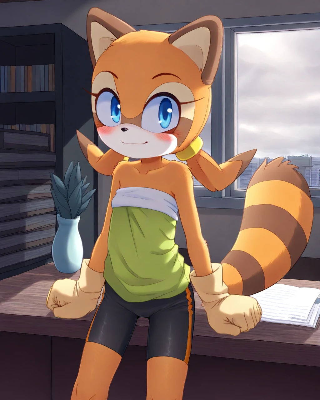 sthmarine, body fur, raccoon ears, raccoon tail, blue eyes, shirt, bike shorts, standing, :d, bedroom <lora:Marine-Raccoon-000008:1>