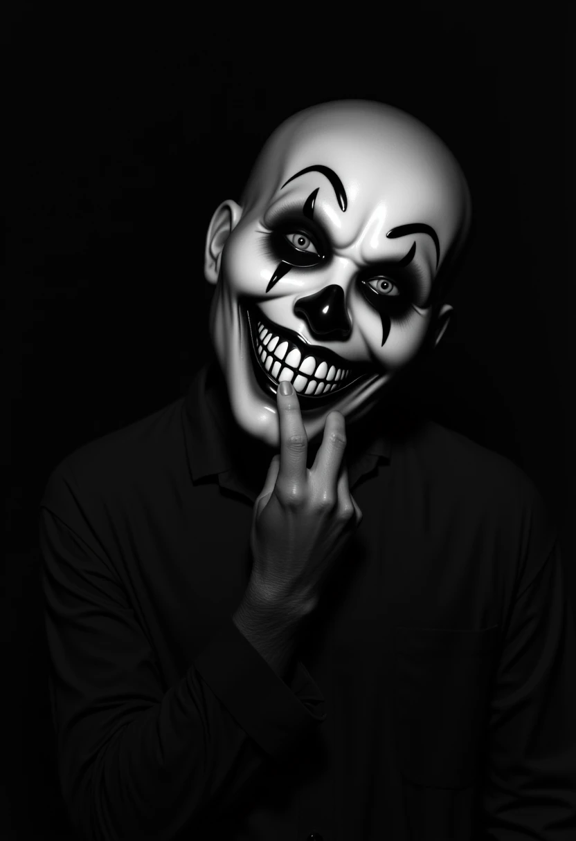 A dark and unsettling black-and-white image of a figure holding a sinister clown mask. The mask's hollow eyes and exaggerated grin radiate an eerie, malevolent aura. The figure's hand, partially illuminated, grips the mask, while the surrounding darkness obscures their identity, adding to the chilling atmosphere. void. 