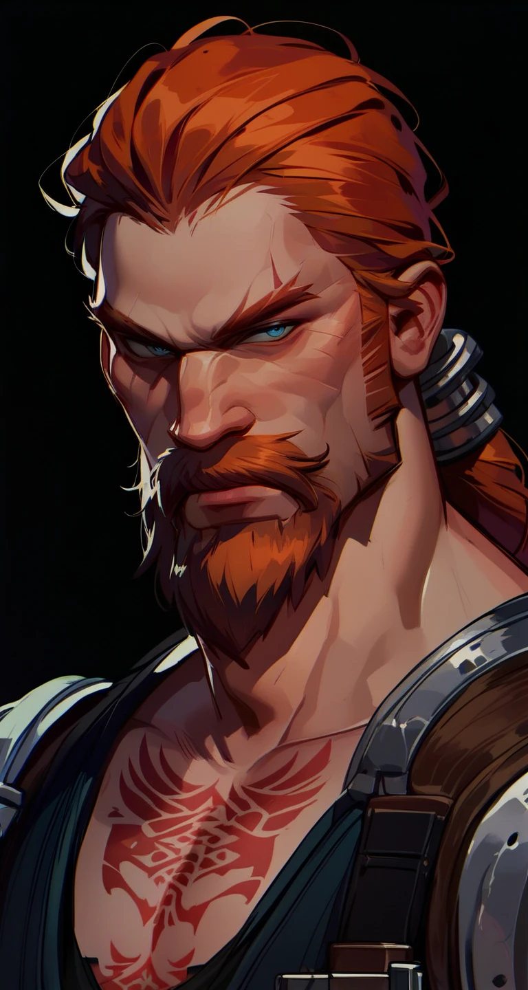 masterpiece, high quality, best quality, beautiful, hd, realistic, perfect lighting, detailed face, detailed body, (1 man), red short hair, freckles on the face, brown eyes, courageous, brutal, (viking clothes), viking, (beard with pigtail), (blue tattoos on the face), ((blood)), angry, scream, <lora:knight_v4.1SD:0.6>, berserker, village, medieval