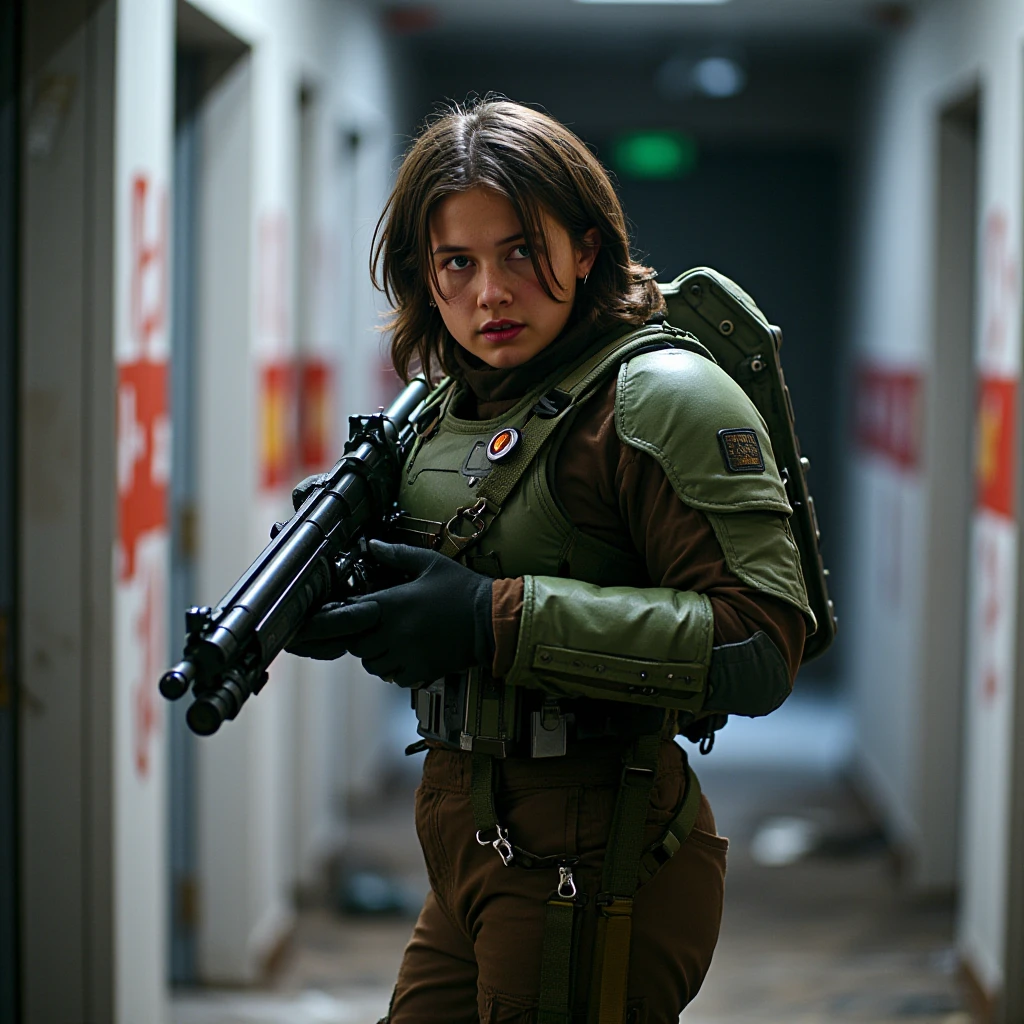 photo picturing cs woman with short brown hair in ch hairstyle, wearing detailed sci-fi armor costume in green and brown colors, holding large sci-fi shotgun, black gloves, walking down a very dark and completely pitch black abandoned hallway, aiming down the sides of her guns