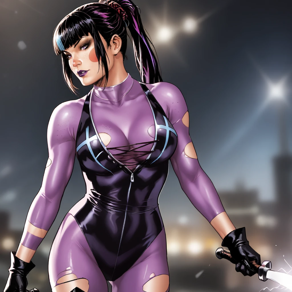 <lora:markbrooks_pony_v1:1> score_9, markbrook_style, markbrook, source_artwork   <lora:punchline_pony_v1:.8> Punchline, 1girl, black hair, medium breasts, ponytail, purple bodysuit, black gloves, long hair, thighhighs, bangs, torn bodysuit, multicolored hair, cleavage, cowboy shot