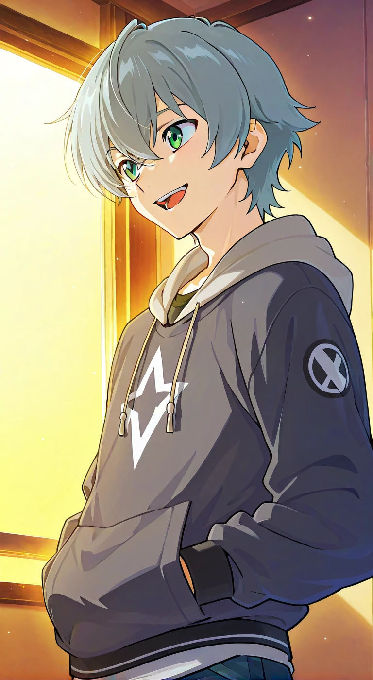 score_9, score_8_up, score_7_up, source_anime, highres, (masterpiece, best quality, (anime, anime coloring:1.3),1boy,solo,male focus,Anime screencap,grey hair,short hair,green eyes,wise(zzz),smile,open mouth,hoodie