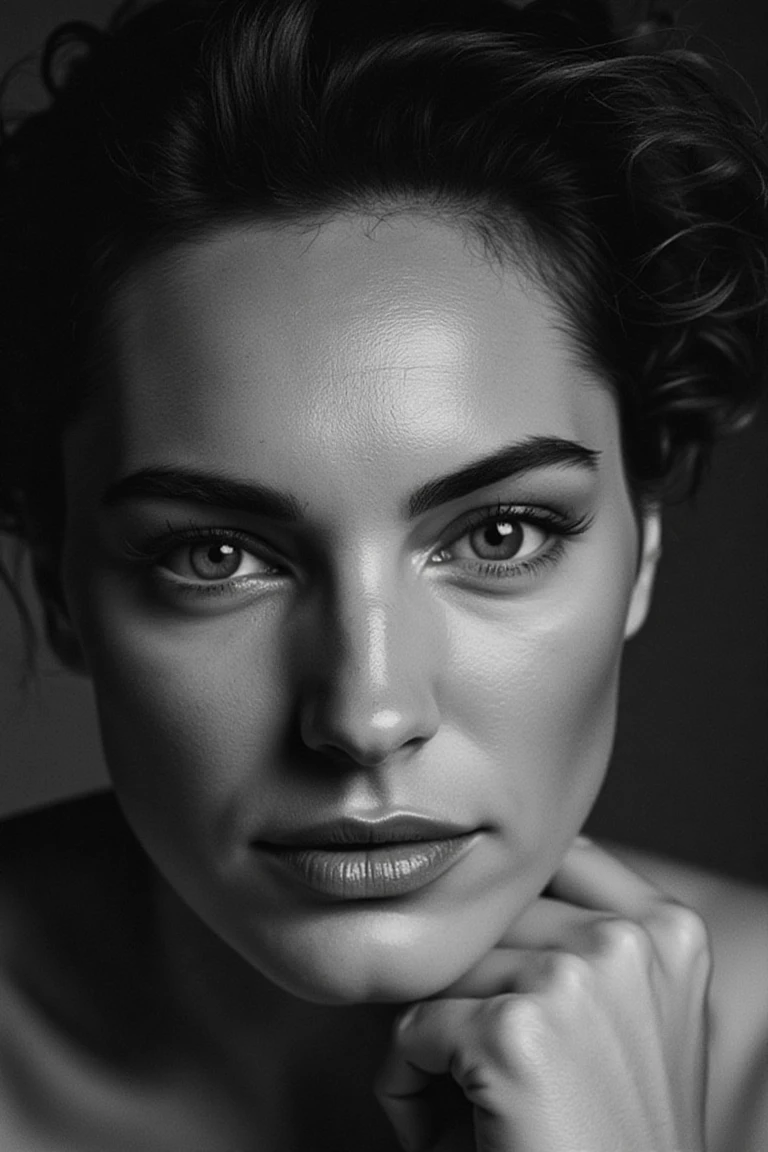 black and white portrait inspired by Peter Lindbergh's photographic style of kellybflx, a woman looking directly into the camera with an intimate and deep expression.