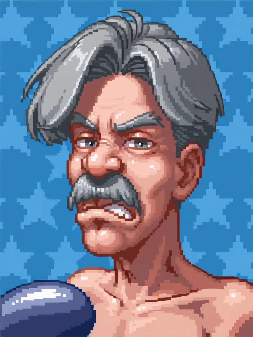 <lora:PonyXL_-_SNES_Super_Punch_Out_Portraits:0.75> super_punch_out_portrait, star_patterned_background, boxing glove, blue boxing gloves, gabby jay, grey hair, mustache, light skin, blue background,