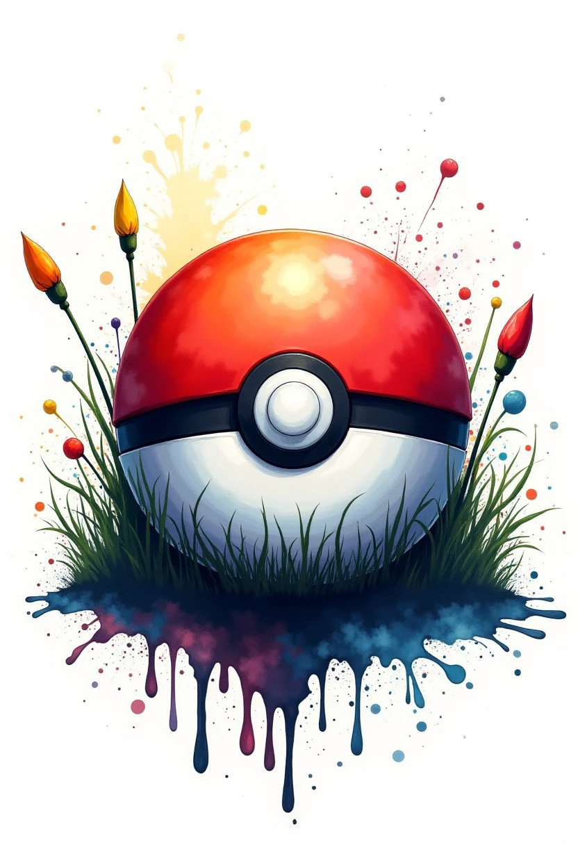 "Intense Coloful Ink splash art of a poke ball resting in a patch of grass. In a field. inksplash style background. On white paper with ink splash border. Dripping and paint splatter effect. High quality