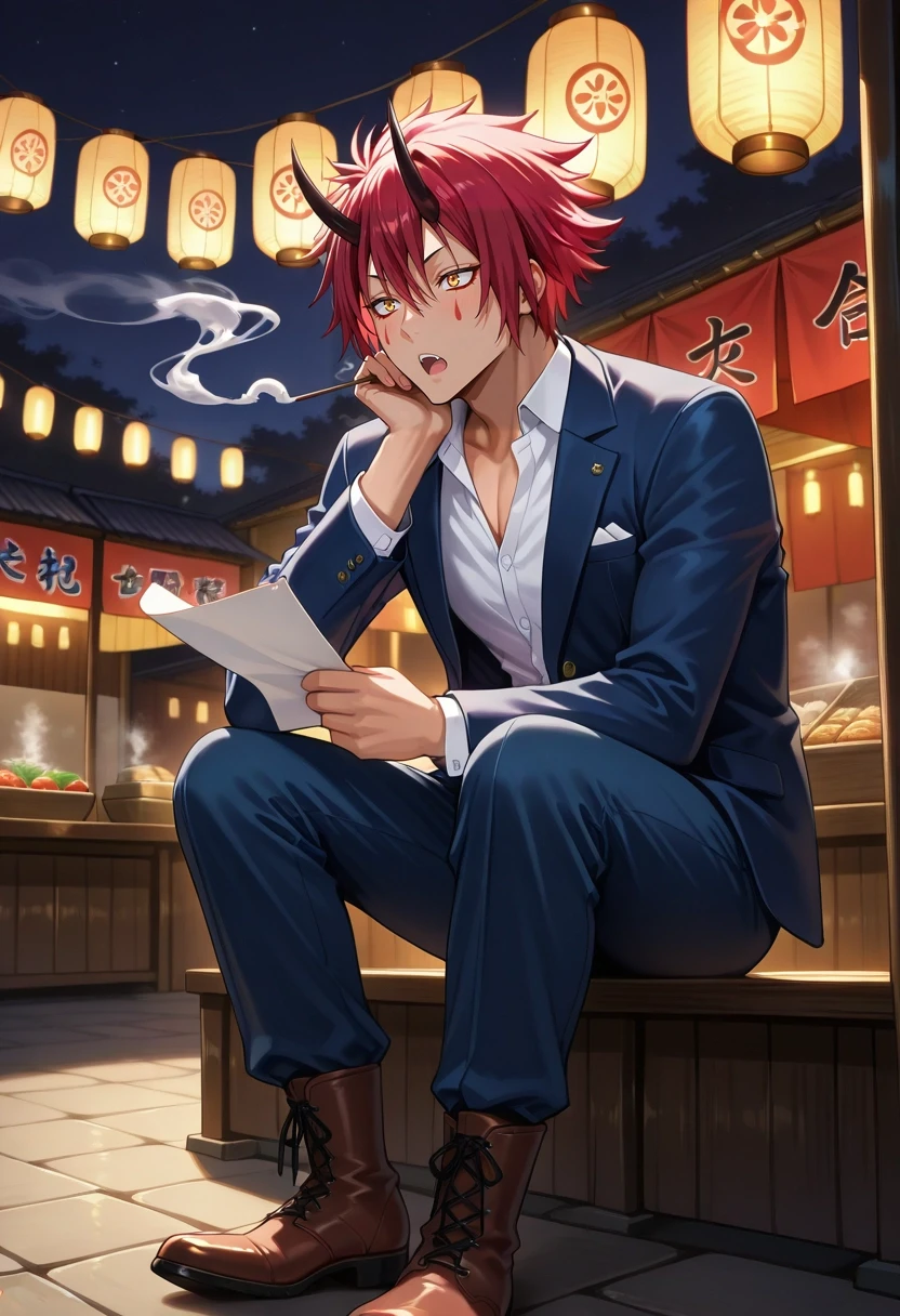 masterpiece, best quality, , , , , 1boy, solo, male focus, <lora:benimaru_tensura_ilxl:0.98>, benimaru_tensura, red hair, yellow eyes, hair between eyes, horns, oni horns, facial mark, night market, paper lanterns, food stalls, incense smoke, browsing pose, hungry expression, evening, Dress pants, Satin Quatrefoil PowderBlue Linen blazer, Chukka boots, ,