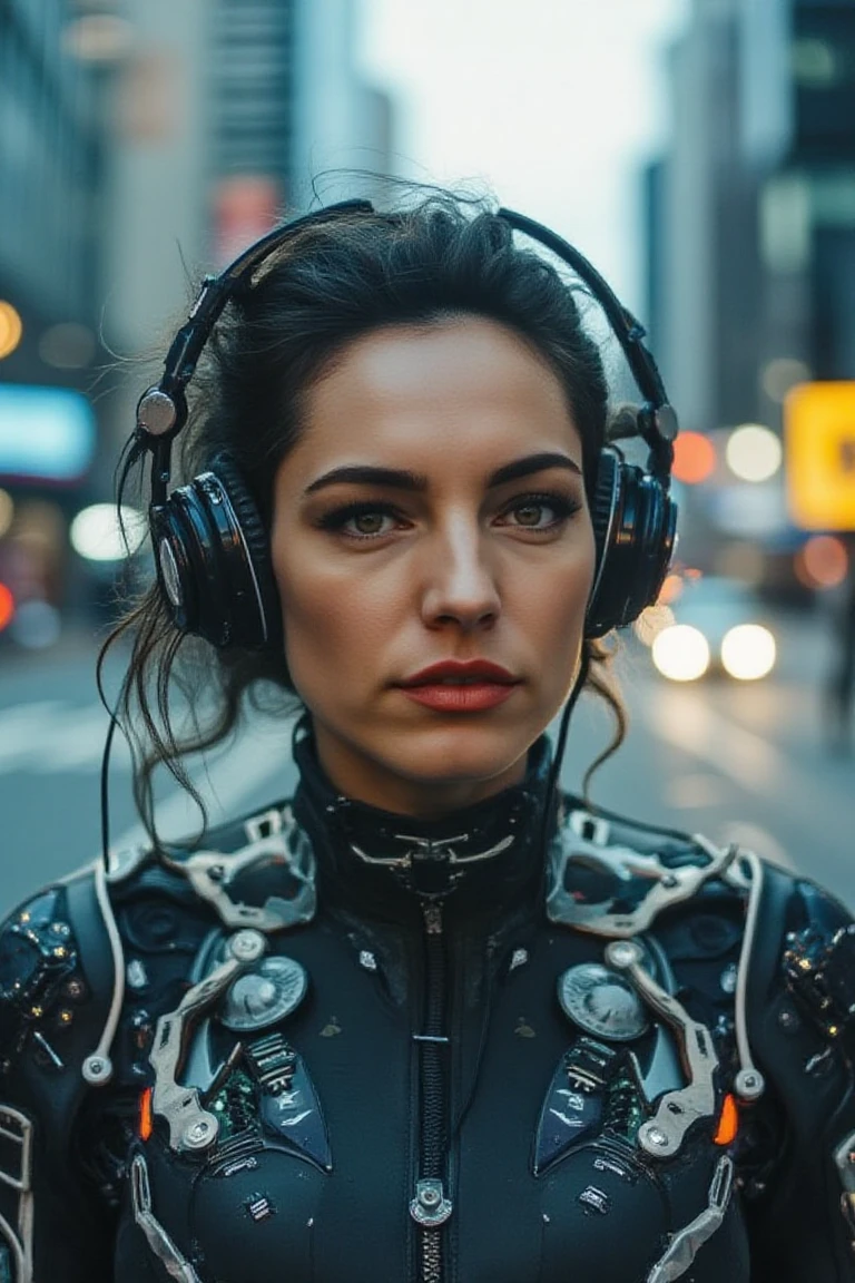 (photo of a cybernetic woman), (soft even lighting), (futuristic city behind), (wearing cybernetic clothes in cyberpunk world), detailed face, detailed eyes, ((medium body  portrait)), masterpiece, ((best quality)), (eye contact), looking at the viewer, centred, shot from front