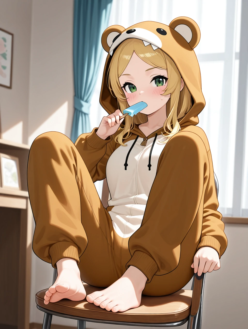 lapice, 1girl, solo, long hair, looking at viewer, blush, blonde hair, sitting, green eyes, food, barefoot, indoors, hood, blurry, feet, window, toes, chair, curtains, popsicle, animal hood, animal costume


masterpiece, best quality,amazing quality, very aesthetic, absurdres, depth of field, blurry background, extremely detailed face, detailed eyes