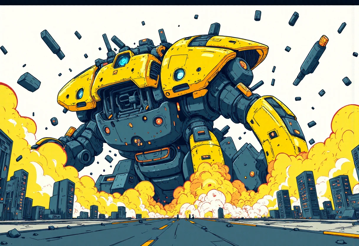 in the style of ff-csff, a colossal mech attacks a city
<lora:Comic_Sci-Fi_Fantasy_FLUX:1>