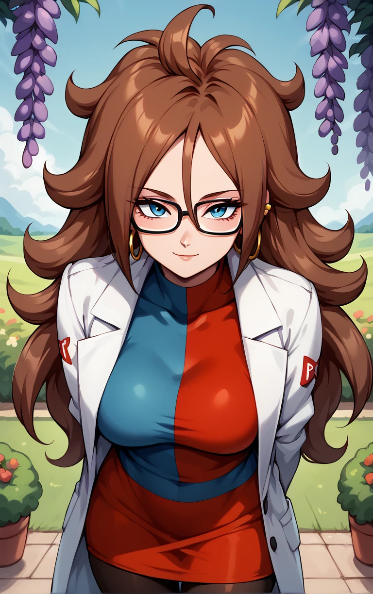 score_9, score_8_up, score_7_up, BREAK
HumanForm_Labcoat_Android21_ownwaifu, android 21, 
1girl, big hair, blue eyes, brown hair, curly hair, glasses, hoop earrings, jewelry, long hair, spiked hair, hair between eyes, medium breasts, nail polish, black nails, black-framed eyewear, messy hair,
lab coat, white coat, long sleeves, checkered dress, black pantyhose, short dress, blue dress, red dress, turtleneck dress, impossible clothes, taut clothes, collarbone, 
(leaning forward, arms behind back), cowboy shot, garden, wisteria, outdoors, <lora:PONYXL_Android21_DragonBall_ownwaifu:0.85> , depth of field, solo,