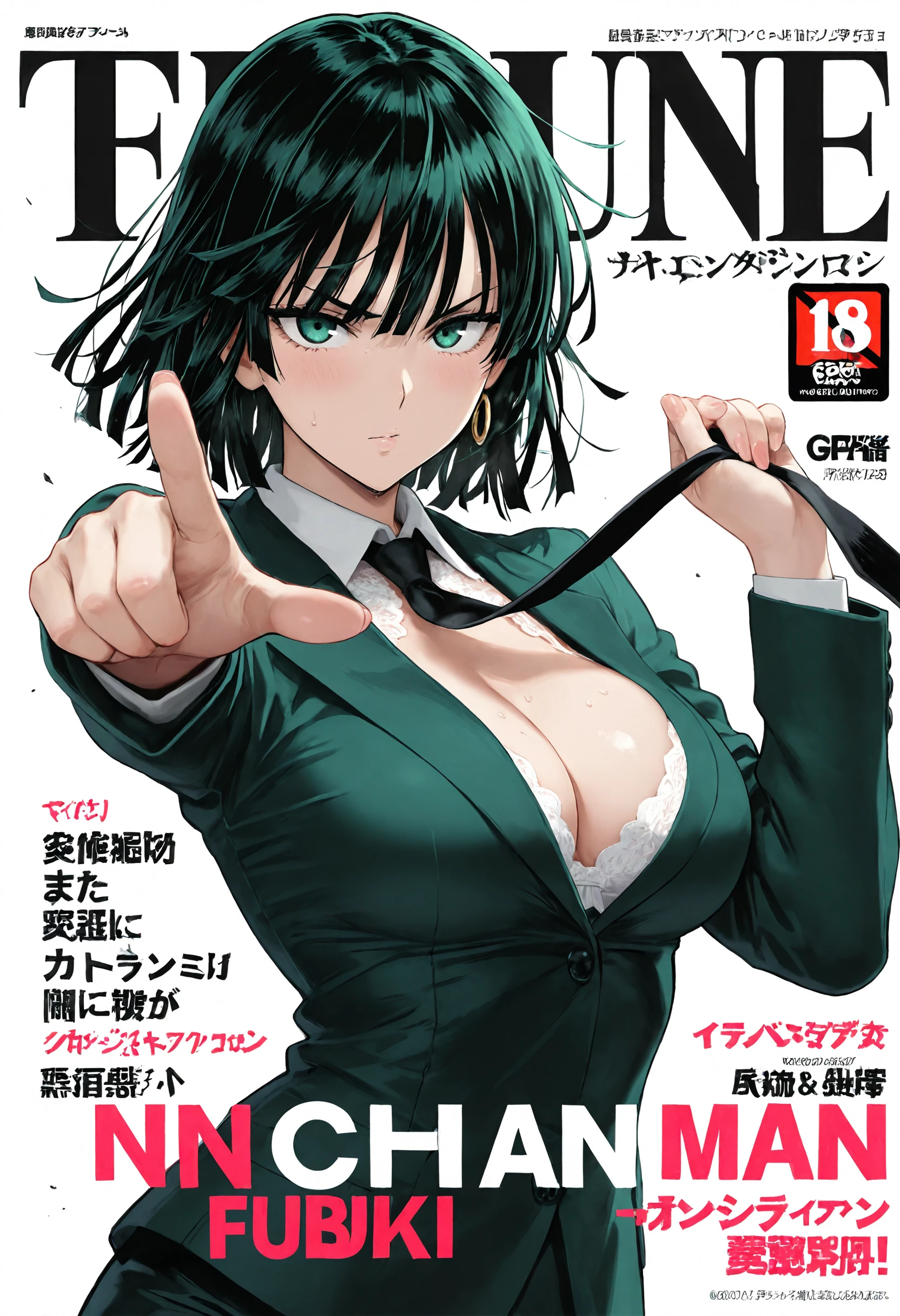 Fubuki, one punch man , suits, necktie, cleavage,   magazine cover, white background, pose, masterpiece, best quality, amazing quality, detailed background, intricate details