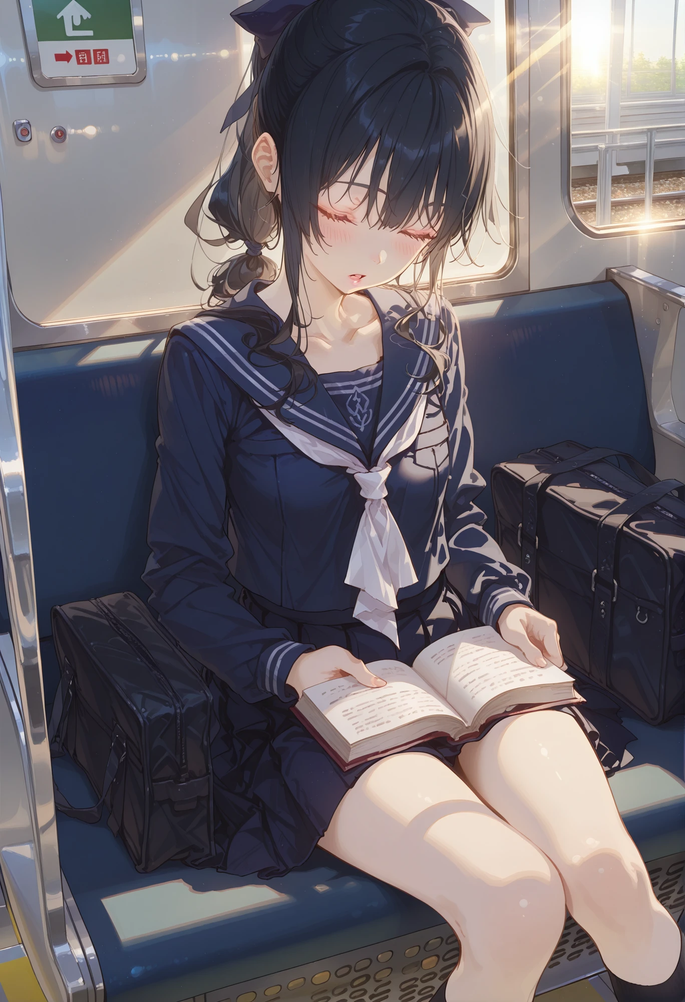 Nai3 style,HG2512,masterpiece,best quality,Good quality,very aesthetic,absurdres,newest,1girl,bag,bag on lap,black hair,black socks,blue sailor collar,blue serafuku,blush,book,bow,collarbone,feet out of frame,hair bow,light rays,long hair,long sleeves,neckerchief,open book,open mouth,parted lips,pink lips,pleated skirt,ponytail,railing,ribbon,sailor collar,school bag,school uniform,serafuku,sidelocks,sitting,skirt,socks,solo,sunbeam,sunlight,train interior,white neckerchief,winter uniform,dispersion (optics),Close eyes,lower your head slightly to one side,sleep,straight on,