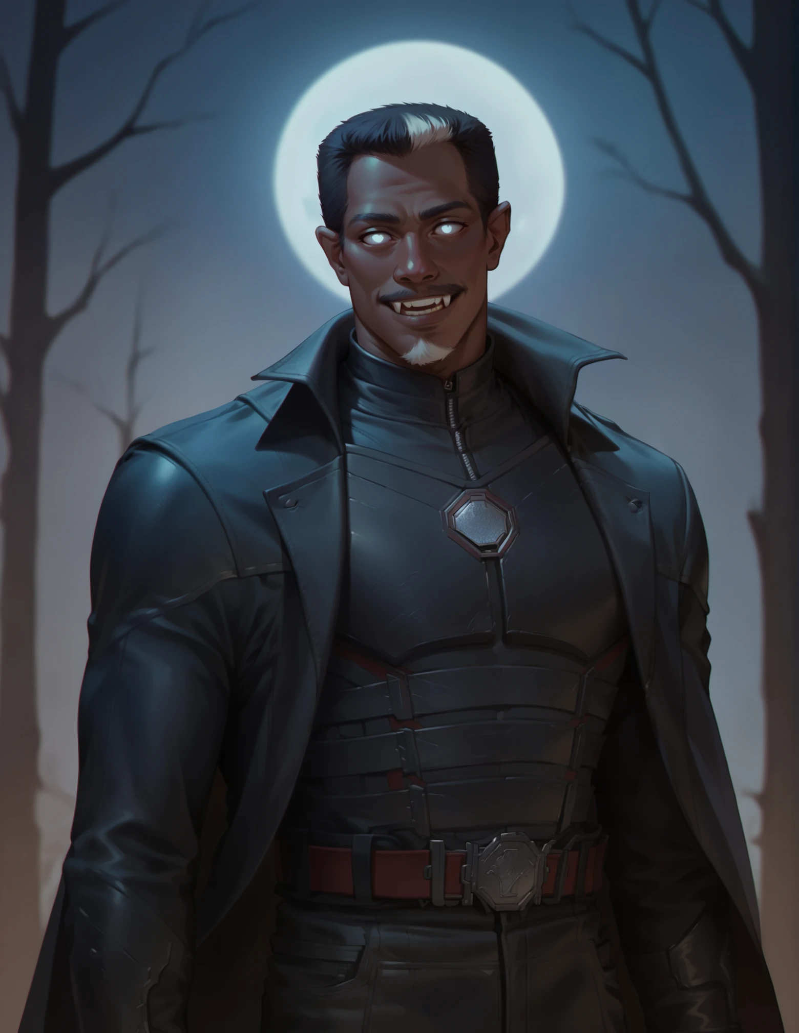 male, dark skin, white eyes, at night, moon light, dark forest, black coat, waist up, solo, smile, black hair, white hair, white chin beard, mustache, vampire teeth <lora:Blade:0.9> bl4de, score_9, score_8_up, score_7_up, score_6_up, 2d, digital art, masterpiece <lora:Expressive_H:0.4> expressiveh <lora:princess_xl_v2:0.3> <lora:g0th1c2XLP:0.3> g0th1c