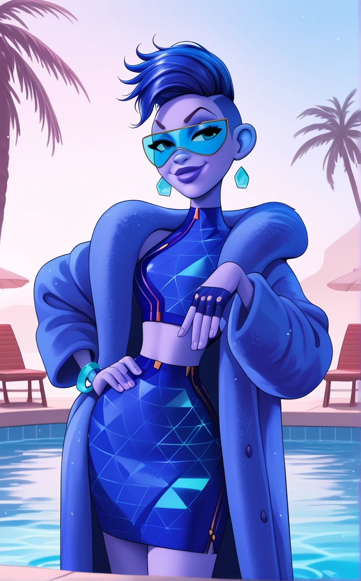 score_9, score_8_up, score_7_up, (soaking feet), pool, palm tree, outdoors, sitting, water, looking to the side, light smile, day, sidelighting, cloudy sky, partially submerged, cocktail, scenery,  <lora:PONYXL_WreckItRalph2_Yesss_ownwaifu:1>, BREAK MainOutfit_Yesss_ownwaifu, 1girl, black eyes, blue hair, blue skin, colored skin, lips, thick eyebrows, jewelry, earrings, short hair, purple lips, makeup, undercut, fur coat, sunglasses, blue coat, lipstick, crop top, fingerless gloves, midriff, mohawk, open coat, bracelet, goggles, fur jacket, tinted eyewear, nose, black gloves, blue skirt, eyeshadow, asymmetrical hair, coat, eyelashes, fur trim, sidecut, alternate hairstyle, dress, purple coat, winter coat, blue-tinted eyewear, breasts, long sleeves, neon trim, triangle earrings, cyberpunk, diamond (gemstone), purple jacket, blue shorts, pencil skirt, small breasts, turtleneck,  <lora:add-detail-xl:0.15>,
