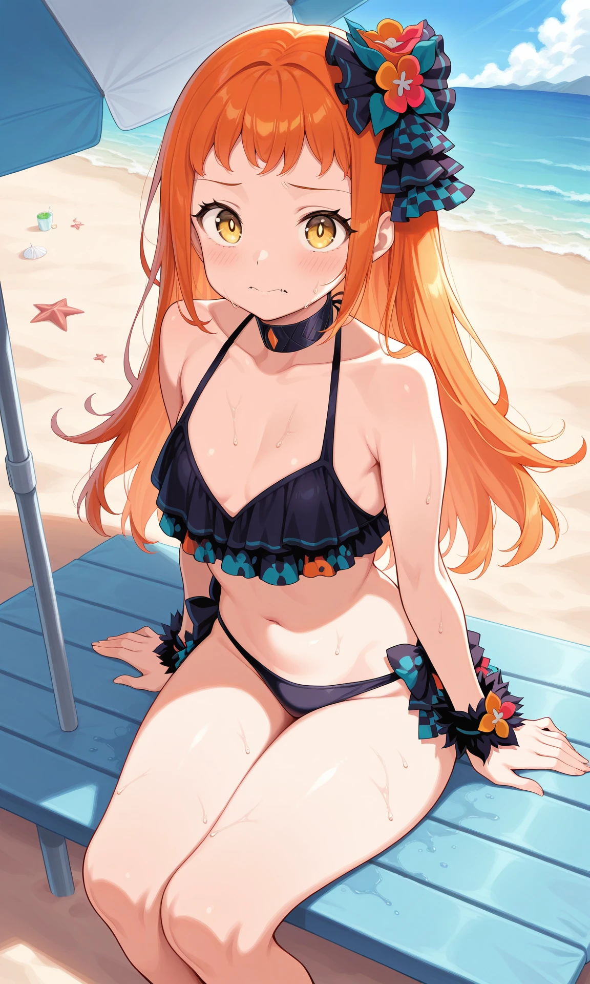 Marie Iraki、Good looking girl (blush, Perfect Face), independent , Looking at the camera, masterpiece, Anime art style, Cute Characters, Most detailed, high quality、Nico Nico Smile、She wears a sexy swimsuit、In underwear、Coming to the Sea、Show your armpits、Cat ear、Orange Hair、ta、Small breasts