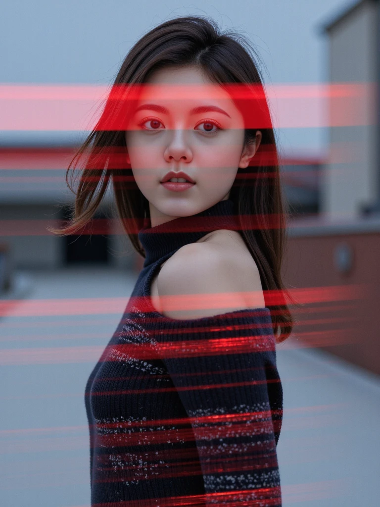 (text "buzz me please" in sky:1.6),There are wonderful studio lights and various reflections,
her thin face is very delicate,(her waist is very thin :1.1),skin naturally showing the texture of blood vessels,detailed pale skin,
18yo  beautiful cute chinese girl with blushing and female orgasm,the sidelight outlines her sexy body curves,
<lora:zjm_f1_rank2_bf16>,
--,snow,(Knit_sweater_dress:1.5),(Thigh-high_boots:1.4),(Felt_fedora_hat:1.3),Lines of Movement, HAS12345.3FR, A young woman dominates the frame, partially obscured by streaks of fast-moving digital text in red and black. Her expression is calm and composed, her dark eyes focused ahead with a quiet intensity. The lighting is soft and cool, highlighting the smooth texture of her skin and her hair, which blends with the shadows of her. The woman stands in an urban setting, but the background is blurred with motion, fading into soft grays and blues, indicating the city but leaving it abstract.The red streaks of digital text, sharp and bright, cut across the scene horizontally, giving the image a futuristic, cyberpunk feel. The contrast between the womanâs soft, natural features and the harsh, glowing text creates tension, as though she exists between two worldsâone of calmness and one of fast-paced digital information. The composition draws the viewerâs eye to the womanâs face while also directing attention to the moving text that surrounds her. The interplay of light and shadow is subtle, allowing the glowing text and the woman's focused gaze to take precedence.The overall atmosphere is mysterious and slightly futuristic, evoking themes of technology, modern life, and isolation in a digital world. The image suggests a person in tune with both the physical and digital environments, navigating between them with ease.,,,