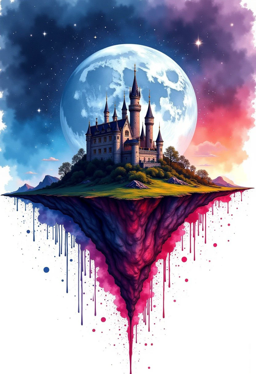 "Intense Coloful Ink splash art of a castle island floating in the sky. Night sky, moon, stars. inksplash style background. On white paper with ink splash border. Dripping and paint splatter effect. High quality