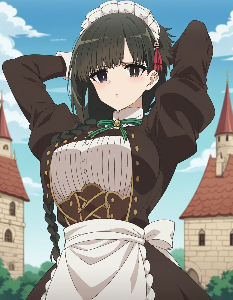 score_9, score_8_up, score_7_up, source_anime, <lora:kimimeido-yuki-s1-ponyxl-lora-nochekaiser:1>, kimimeido yuki, long hair, black hair, hair ornament, braid, black eyes, single braid, white pupils, large breasts, hair over shoulder, anime screencap,, long sleeves, ribbon, puffy sleeves, apron, maid, juliet sleeves, maid headdress,, castle, stone, towers, medieval, royalty, , hands behind head,, looking at viewer, solo,, dutch angle, cowboy shot