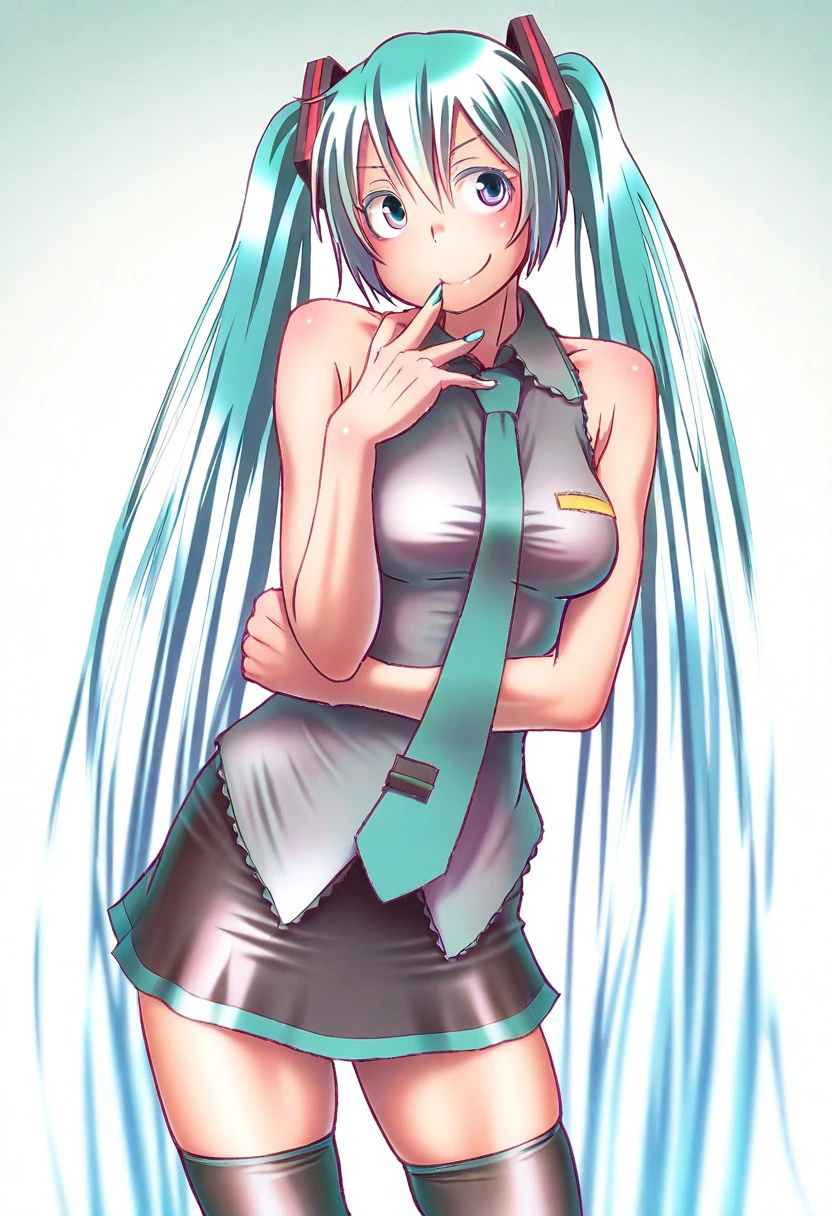 masterpiece, best quality,
 1girl, solo,  wokada style, hatsune miku,
aqua hair, aqua eyes, aqua nails, very long hair, twintails, long hair, 
nail polish,
medium breasts, breasts,
hair between eyes,