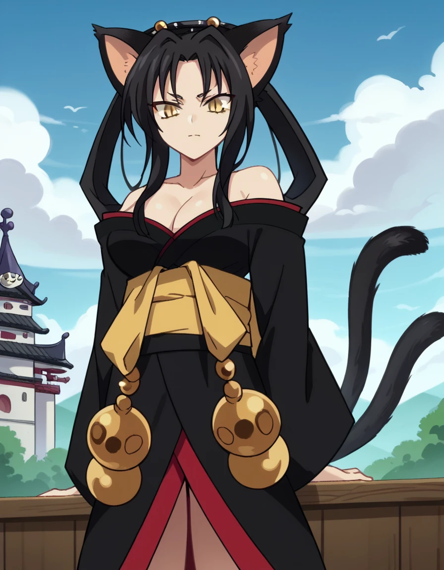 score_9, score_8_up, score_7_up, source_anime, <lora:dxd-kuroka-s3-ponyxl-lora-nochekaiser:1>, kuroka, long hair, black hair, animal ears, tail, cat ears, cat tail, multiple tails, hair rings, nekomata, yellow eyes, slit pupils, parted bangs, sidelocks, anime screencap,, large breasts, cleavage, bare shoulders, japanese clothes, kimono, off shoulder, sash,, floating castle, sky, magical, clouds, fantasy, , <lora:longcat-ponyxl-lora-nochekaiser:1> longcat, longcat (meme), armpit carry, meme, holding cat, holding animal, cat, animal, bed room, looking down,, cowboy shot,, looking at viewer, solo,, dutch angle, cowboy shot