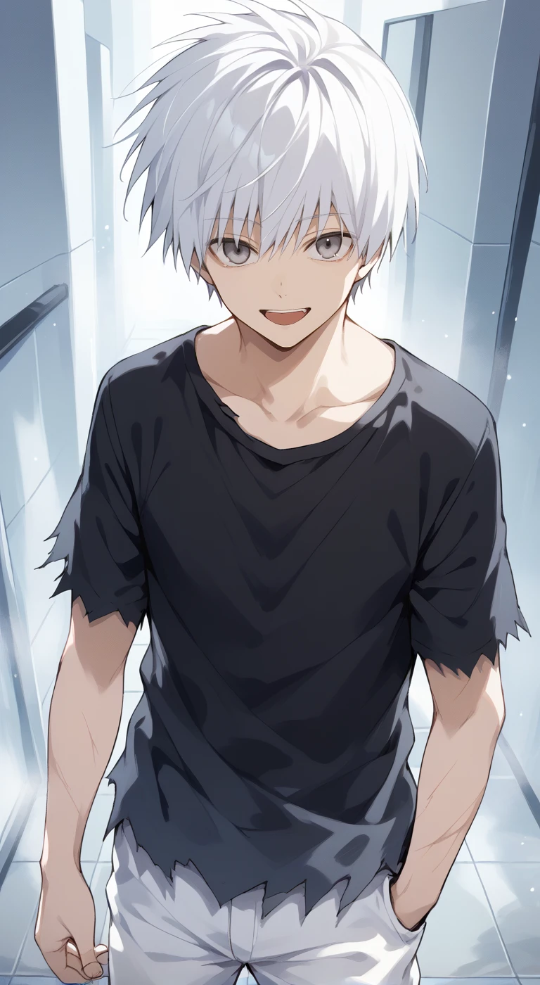 1boy,solo,male focus,kaneki,kaneki ken,white hair,short hair,grey eyes,smile,black t-shirt,torn clothes,upper_body,open mouth,white pants