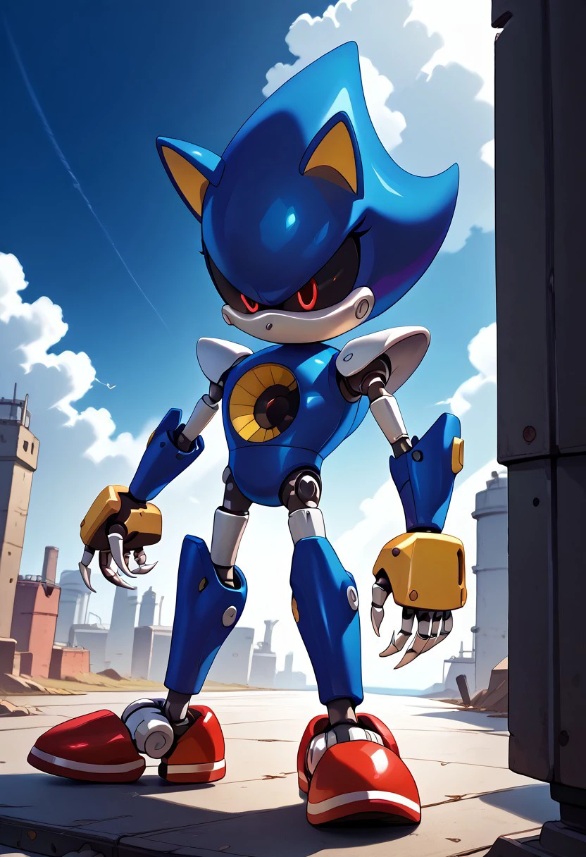 score_9, score_8_up, score_7_up, (best quality:1.1), ultra-detailed, high resolution, 8K, ((tall, 6ft tall, no mouth, long legs)), long legs, Metal Sonic, robot, blue metal skin, black sclera, red pupils, pointy metal nose, gray claws, yellow core, red shoes, fist, battle stance, arms at sides, standing tall, factory, BREAK outside, Rich, Detailed background, ambient light