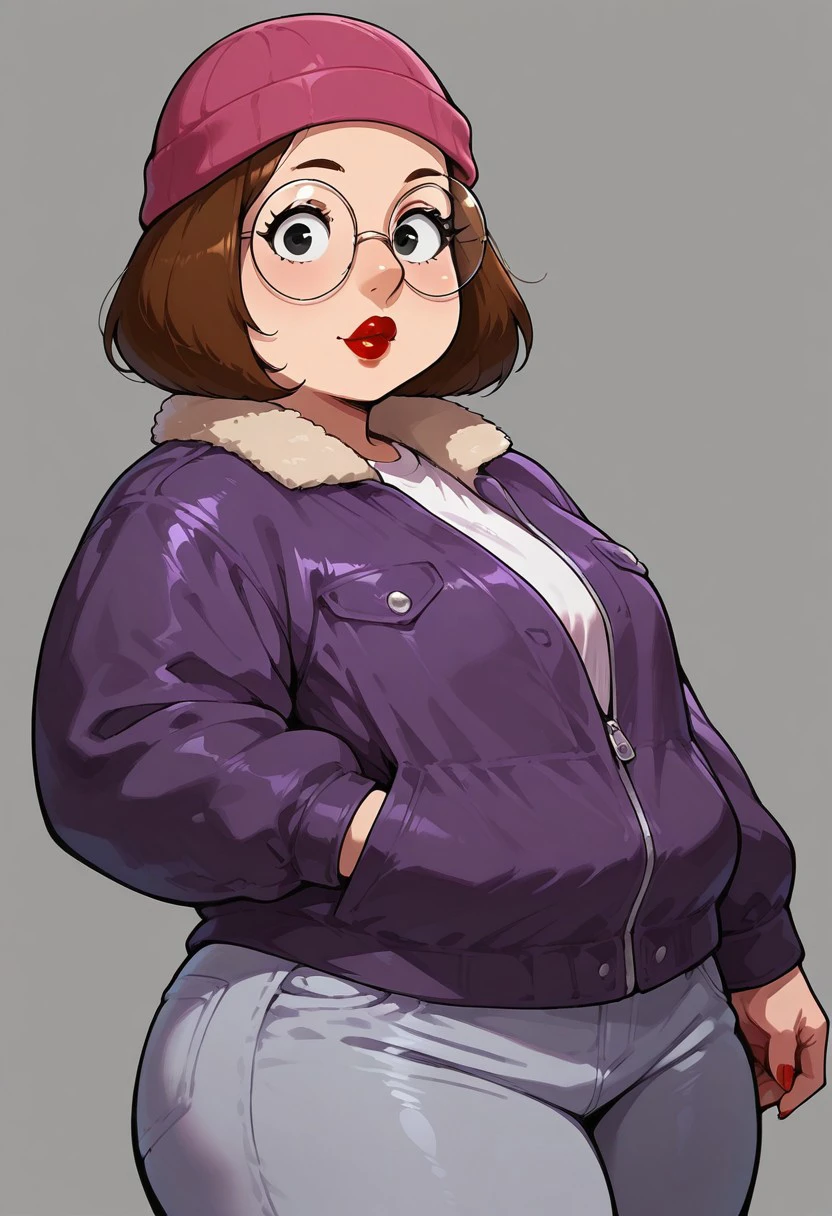 score_9, score_8_up, 1girl, solo, meg, brown hair, black eyes, pawg, looking at viewer, red lips, round glasses, cowboy shot, purple fur-trimmed jacket, pink beanie, pawg, nose