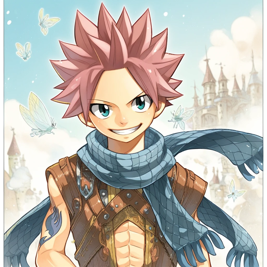 HiroMashima, 1boy, ((natsu_dragneel)), male_focus, fairy_tail, solo, spiked_hair, scarf, smiling, BREAK, medieval fantasy town background, score_9, score_8_up, score_7_up, masterpiece, best_quality