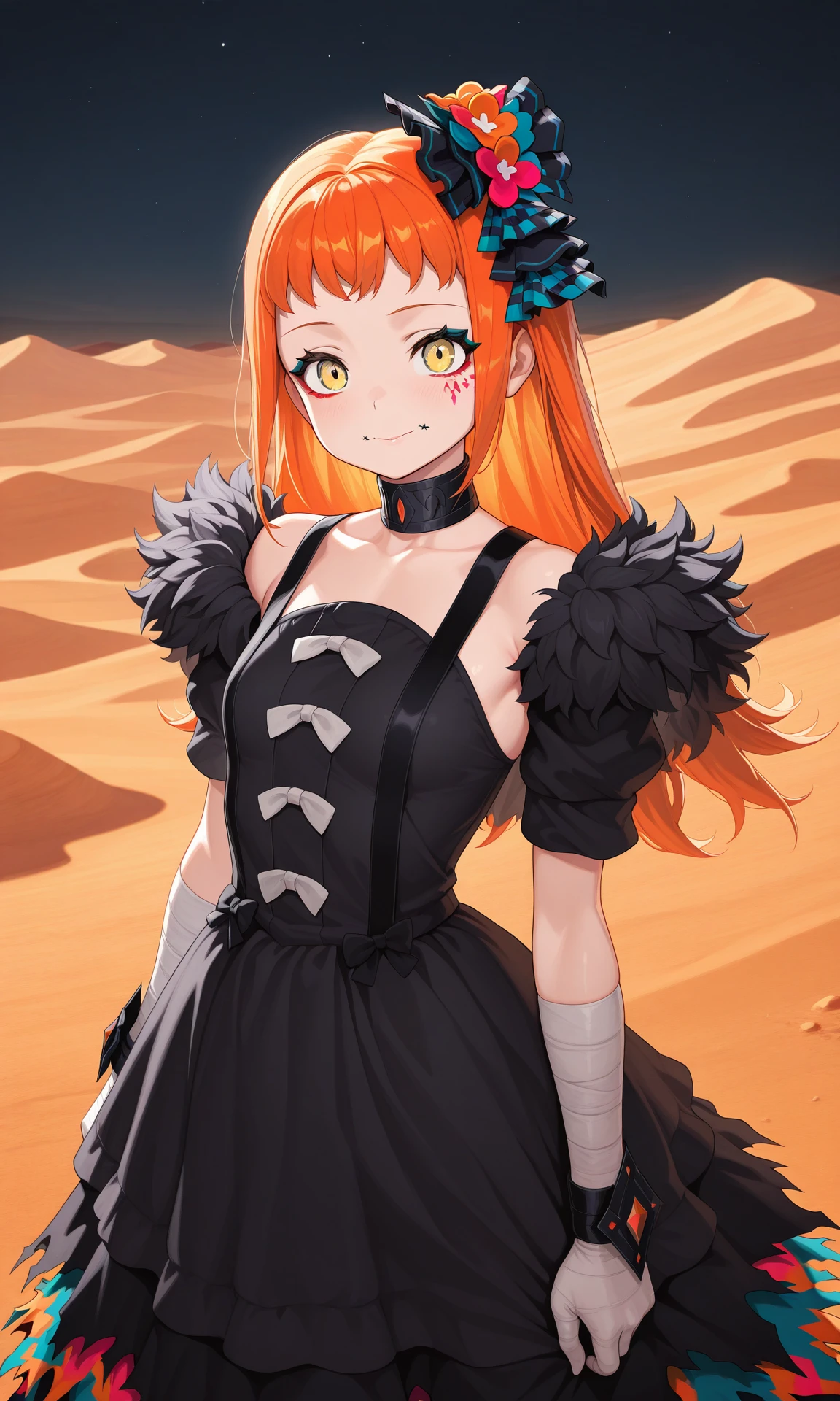 masterpiece, best quality, amazing quality, highres, absurdres, very aesthetic, high resolution, ultra detailed, perfect details, 1girl, solo, panette, orange hair, long hair, hair accessory, black dress, soft smile desert, night, 