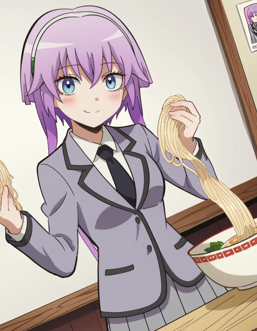 score_9, score_8_up, score_7_up, source_anime, <lora:ritsu-hayasaka-s1s2-ponyxl-lora-nochekaiser:1>, ritsu hayasaka, blue eyes, purple hair, twintails, hairband, medium breasts, anime screencap,, blazer, grey blazer, school uniform, pleated skirt, necktie, grey skirt, black necktie, white shirt, collared shirt, long sleeves,, otaku room, posters, anime figures, computer, cluttered, smile, <lora:ai-drawing-anime-characters-eating-ramen-ponyxl-lora-nochekaiser:1> ai drawing anime characters eating ramen, ai drawing anime characters eating ramen (meme), ramen, noodles, meme, bowl, eating, restaurant, blush, cowboy shot,, looking at viewer, solo,, dutch angle, cowboy shot